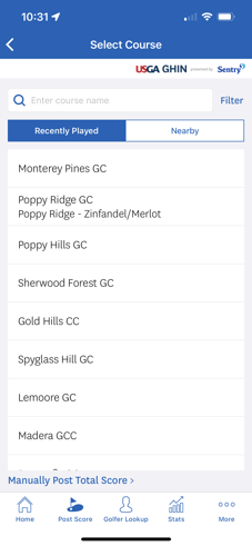 USGA GHIN Mobile App Recently Played